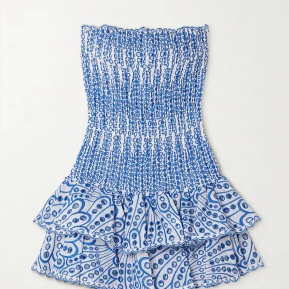 Charo Ruiz Blue and White strapless or halter embroided dress